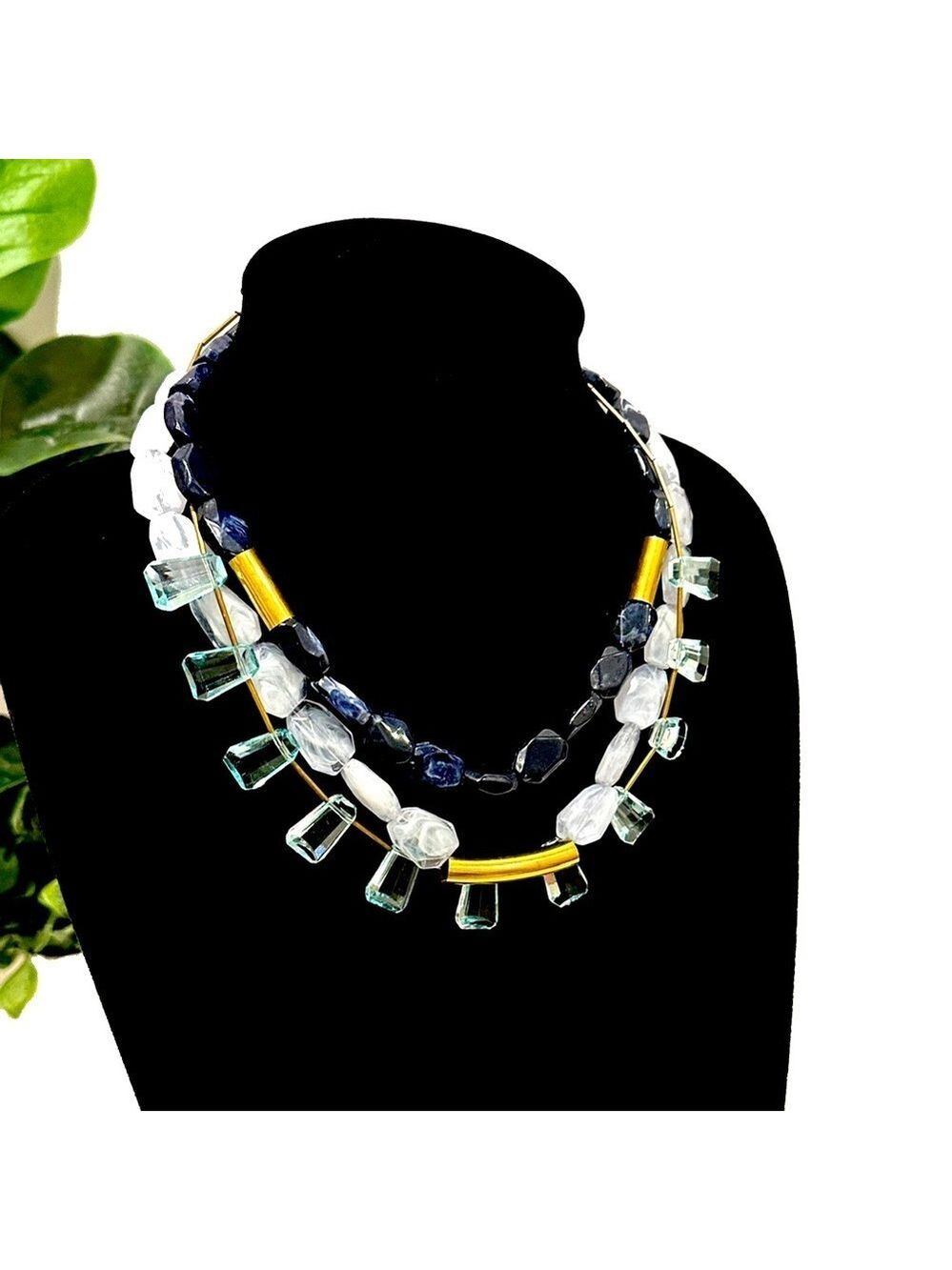 LOFT Blue Gold Layered Bib Necklace NWT